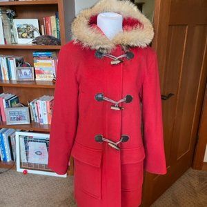 MK Michael Kors Red Wool Toggle Coat w/Fur Trim Hood Size 4 Super Cute w/pockets